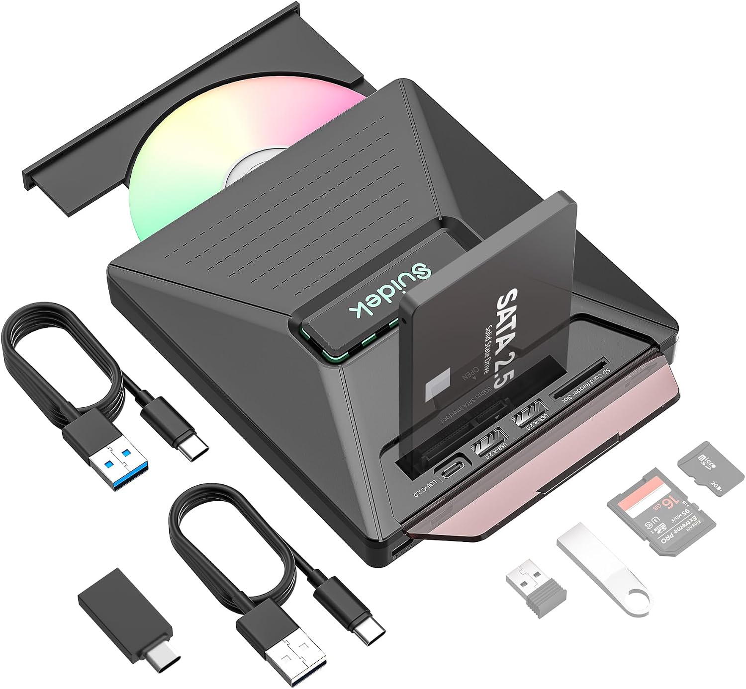 The SUIDEK T050A external CD/DVD drive with a 2.5-inch SATA slot, SD card reader, and USB-A and USB-C ports